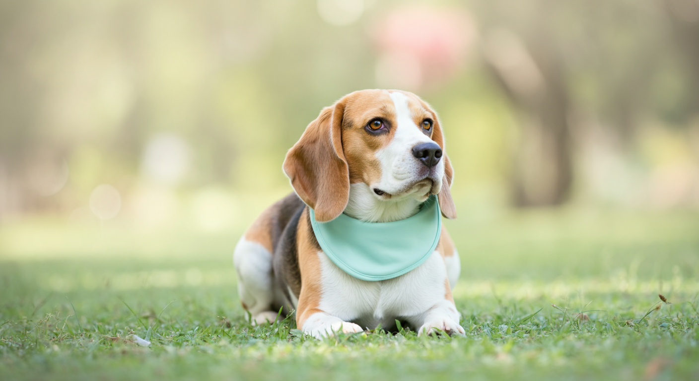 クールネックをつけた犬が木陰の芝生の上で気持ちよさそうに休憩している。