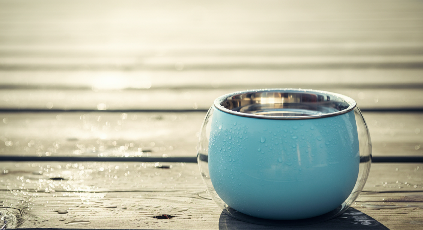 表面に水滴がついた、冷たそうなパステルブルーのステンレス製ボウル