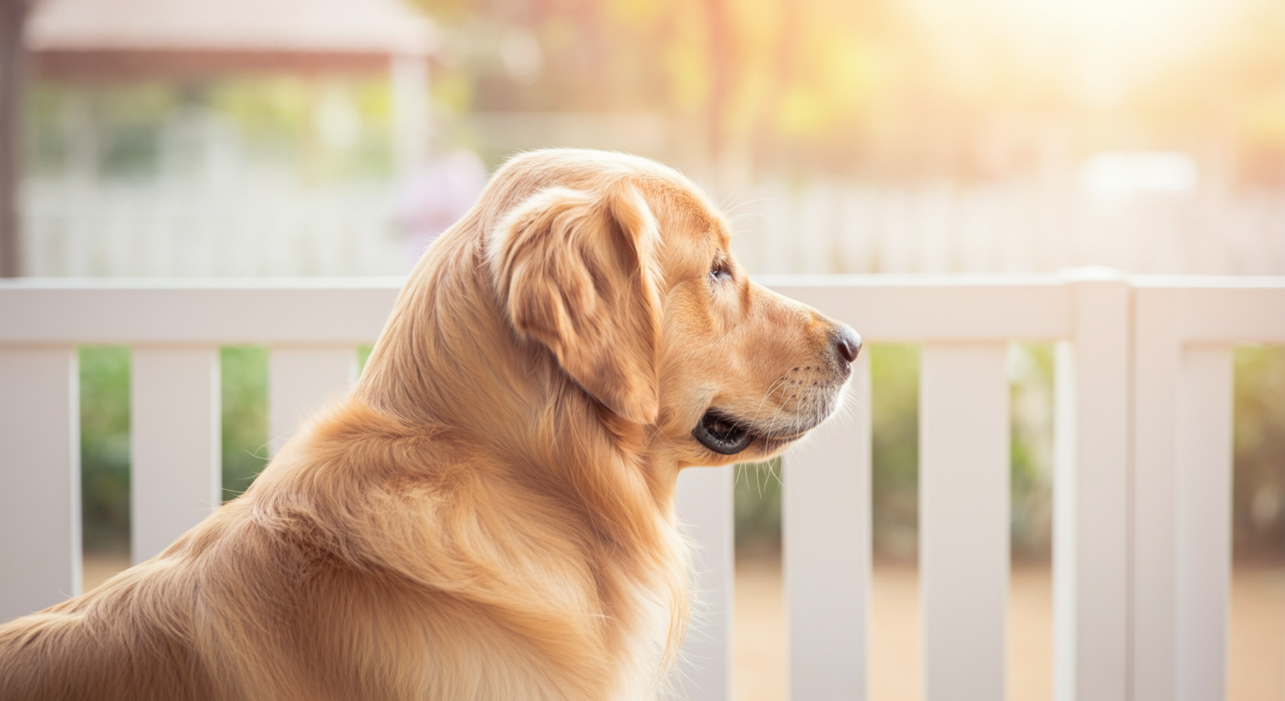 一頭の大型犬が、ドッグランの白いフェンスの外から中の様子を静かに眺めている後ろ姿。