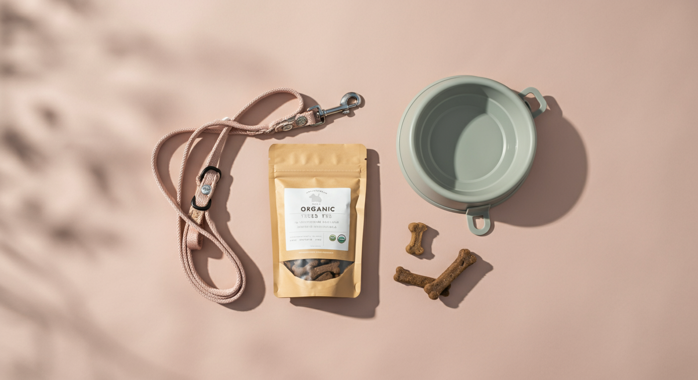 パステルカラーの背景に、リード、おやつの入ったポーチ、折りたたみ式の水入れが並べられているミニマルな写真。