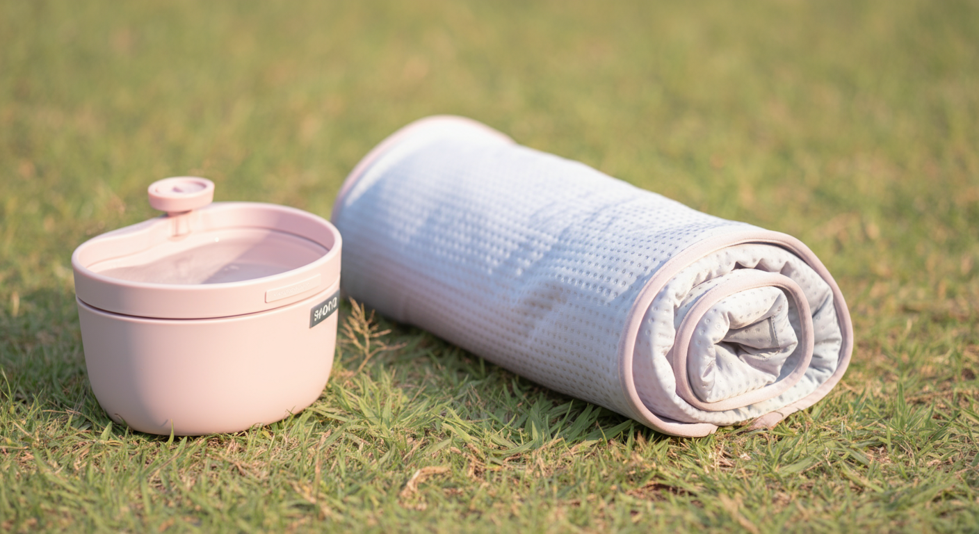 芝生の上に置かれた、パステルカラーのクールタオルと携帯用の水飲みボウル。