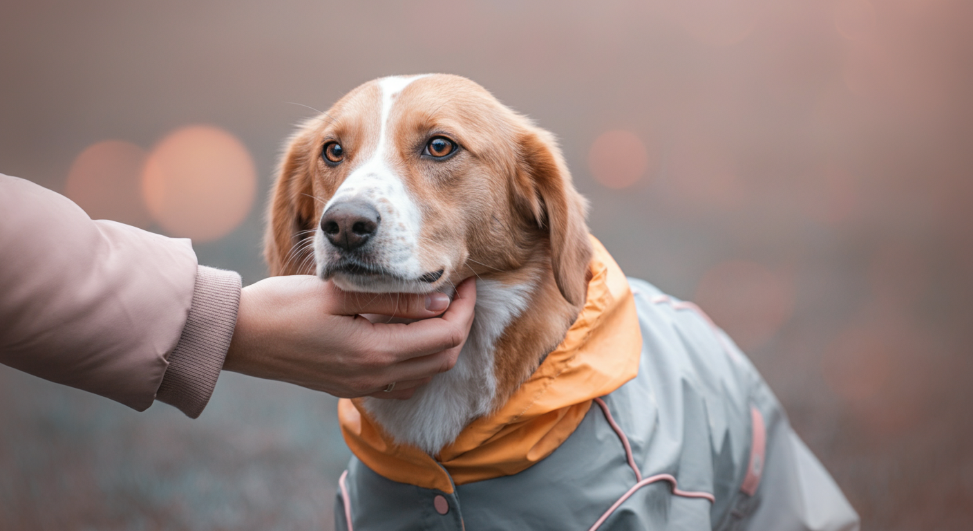 レインコートを着た犬の首を、飼い主が優しく撫でて落ち着かせている様子のクローズアップ写真。