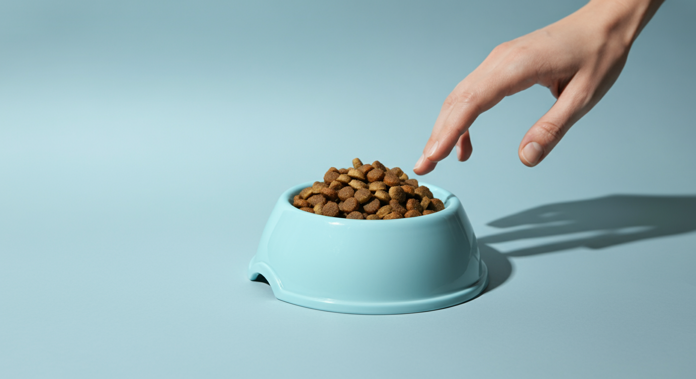 パステルカラーの皿に盛られたシニア犬用フードと、その皿に優しく添えられた人間の手。シニア犬への優しいケアをイメージした写真。