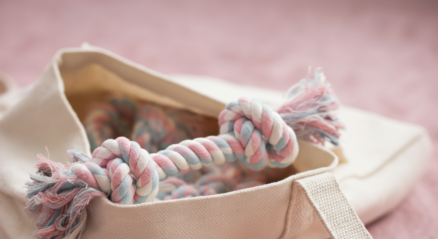 パステルカラーのミニマルな写真。キャンバス地のバッグの中から見える、シンプルなロープ製のおもちゃのクローズアップ。