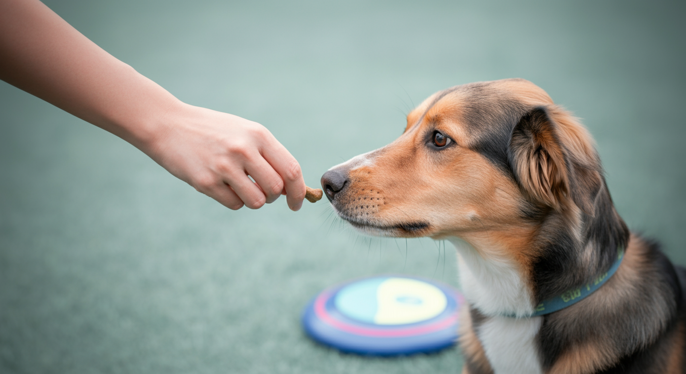 カラフルなフリスビーが背景にぼやける中、人の手が犬の鼻先におやつを優しく差し出している写真。