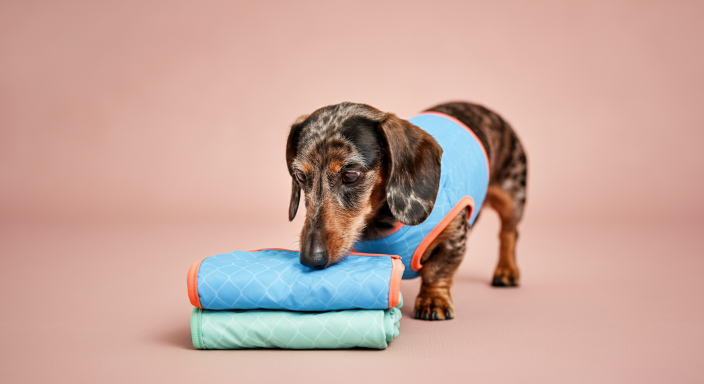 折りたたまれたクールウェアの匂いを犬がかいでいる