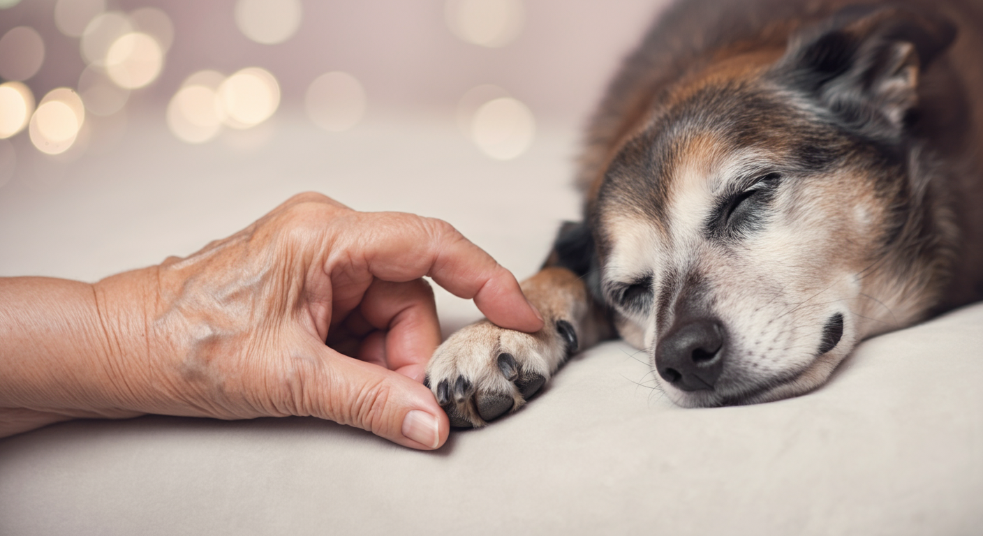 シニア犬の足をやさしく握る高齢の飼い主の手。深い愛情と絆を表現した心温まる写真。
