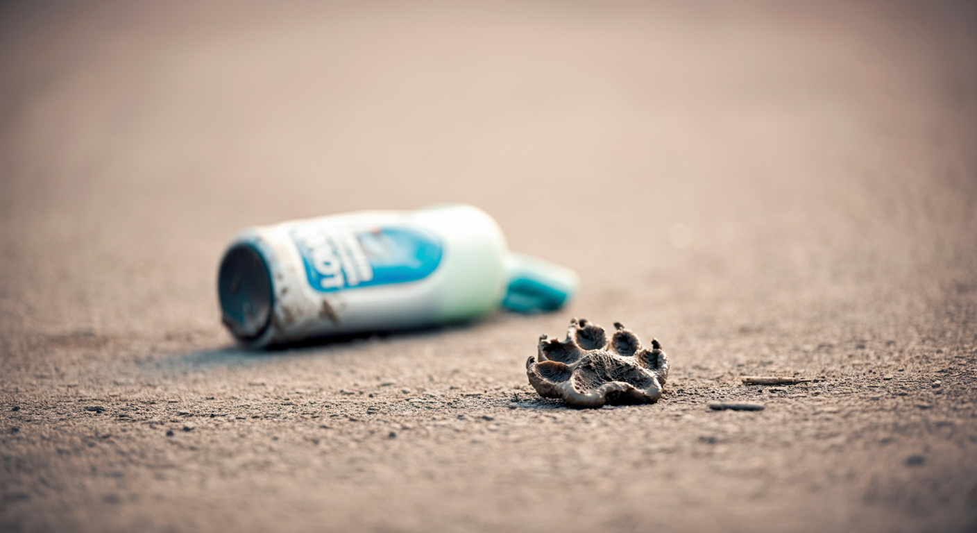 泥のついた犬の足跡と、地面に置かれたぬるくなったクールネック。