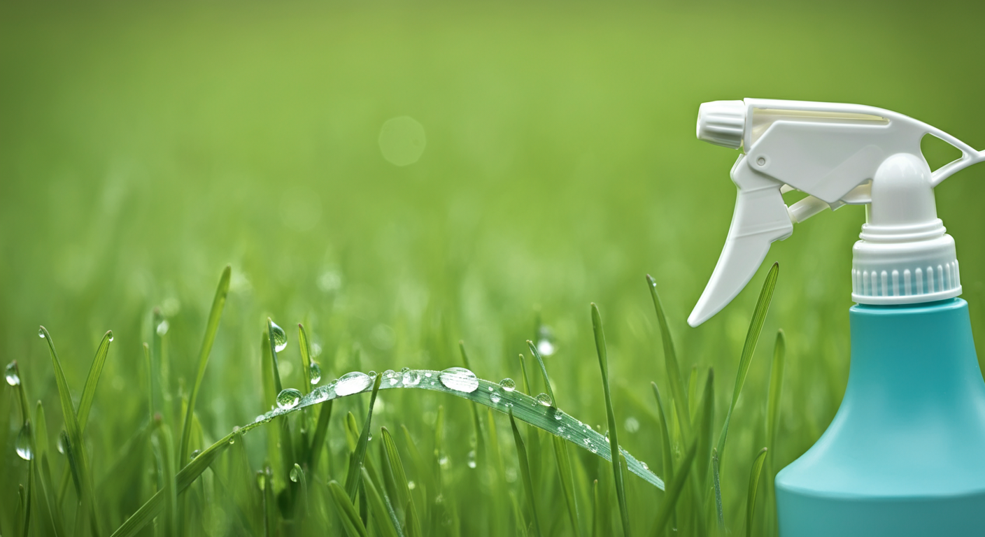 パステルカラーのミニマルな写真。芝生の葉についた水滴と、消臭スプレーのノズルのクローズアップ。
