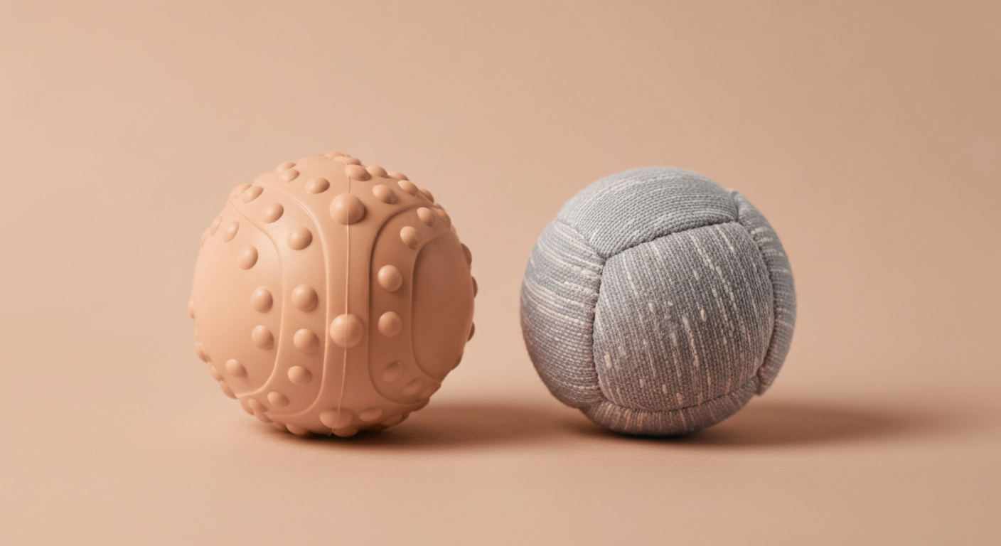 質感の違う、パステルカラーの安全な犬用ボールが2つ並んでいる写真。ボール選びの重要性を示している。
