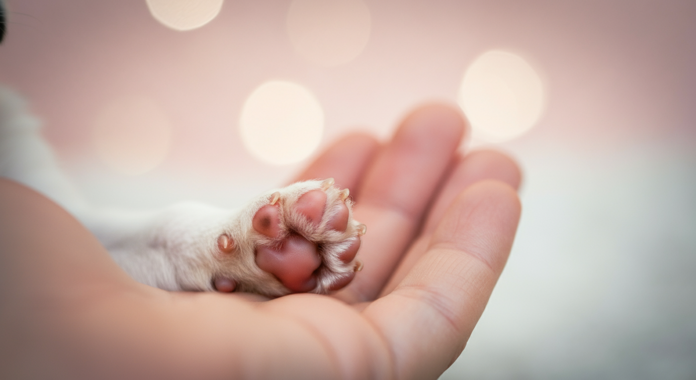 飼い主の手に優しく包まれた、子犬の小さな肉球のクローズアップ