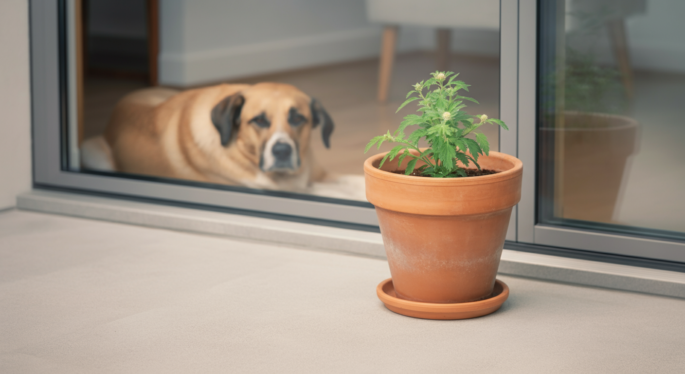 モダンなパティオに置かれた、蚊よけ効果のあるシトロネラハーブが植えられたテラコッタの鉢。きれいなガラスドア越しに、室内で休んでいる犬のぼんやりとしたシルエットが見える。