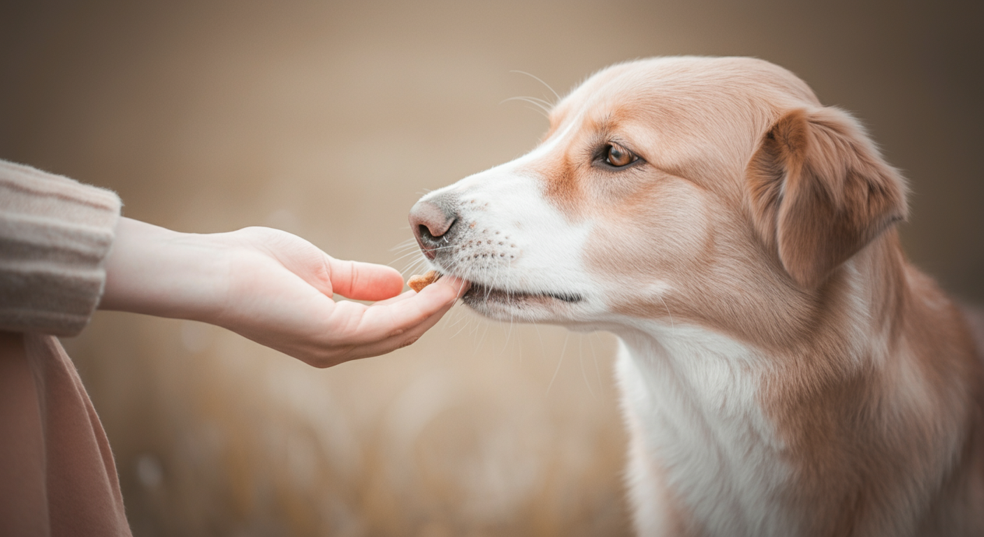 飼い主の手から優しくおやつを受け取る犬の手と鼻先。信頼関係が伝わるショット。
