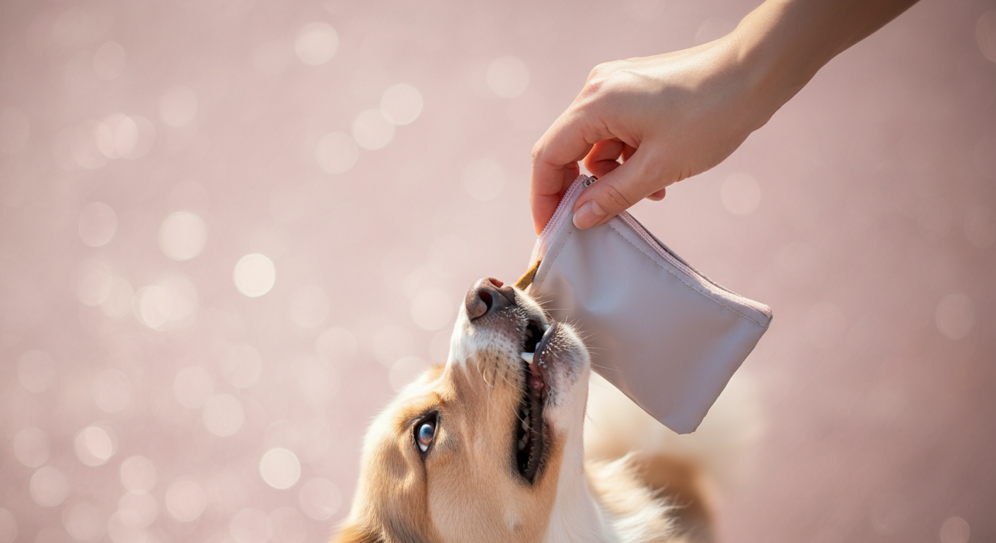 飼い主目線で、大きく開いたトリーツポーチからトリーツを取り出す瞬間の写真。下には犬の鼻先が見える。