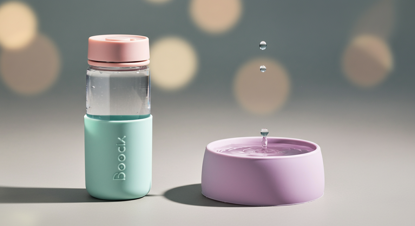 おしゃれな犬用の給水ボトルと折り畳み式のシリコンボウルが置かれている写真。ドッグランの必需品を象徴している。