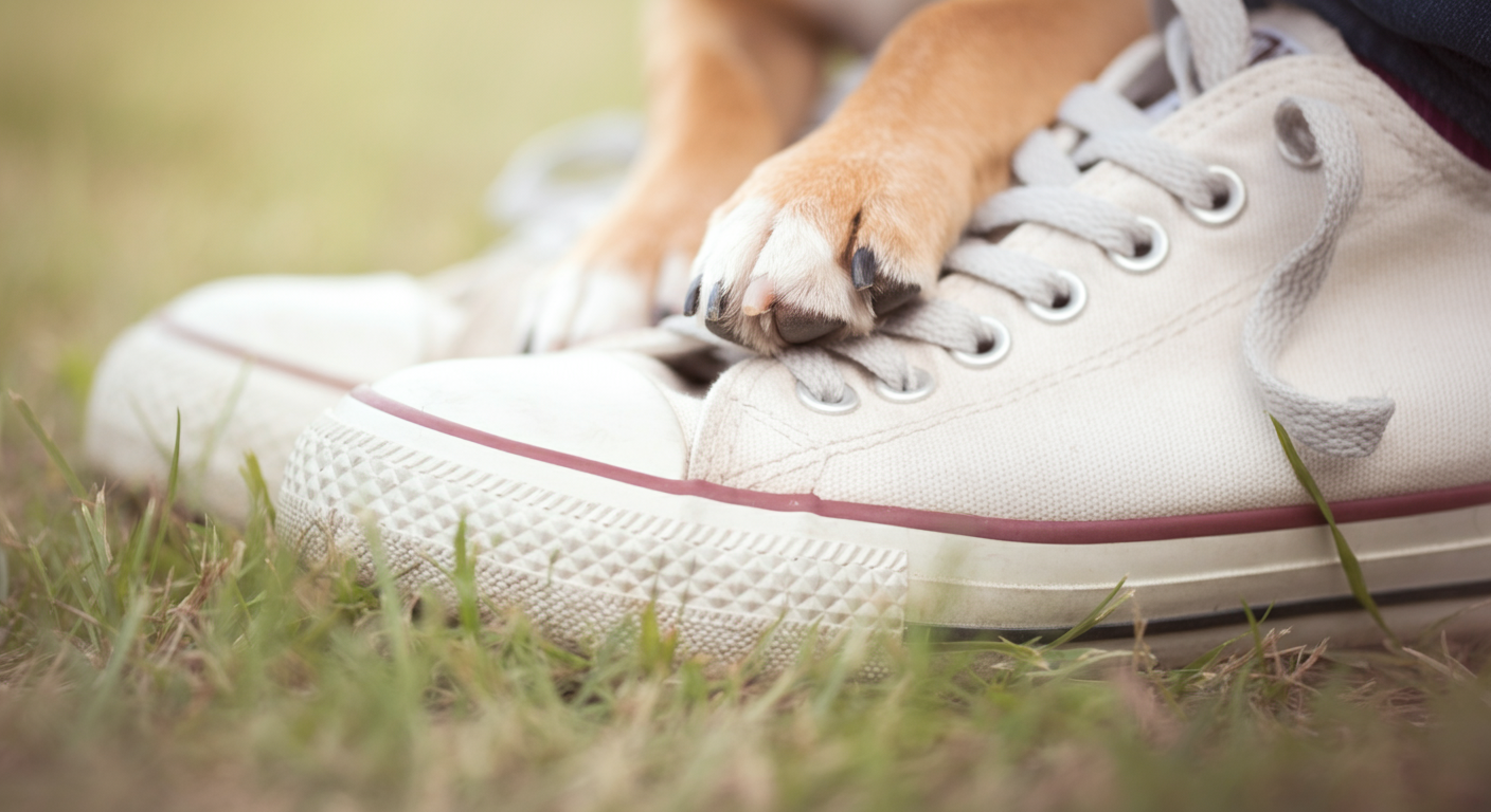 飼い主のスニーカーの上にちょこんと置かれた、小さな犬の前足
