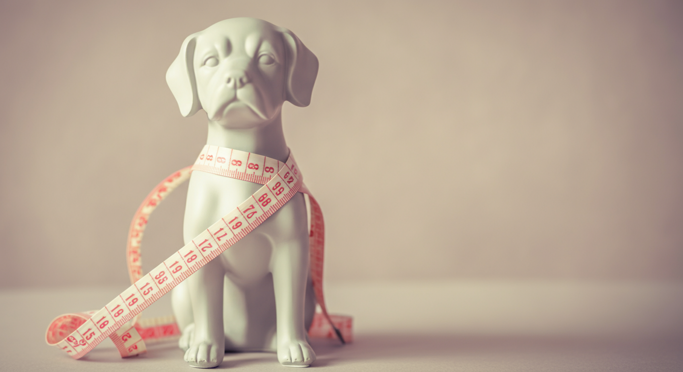 ミニマルな犬の彫刻の胴回りに、柔らかいメジャーが正確に巻かれている。正しいサイズ計測の重要性を示している。