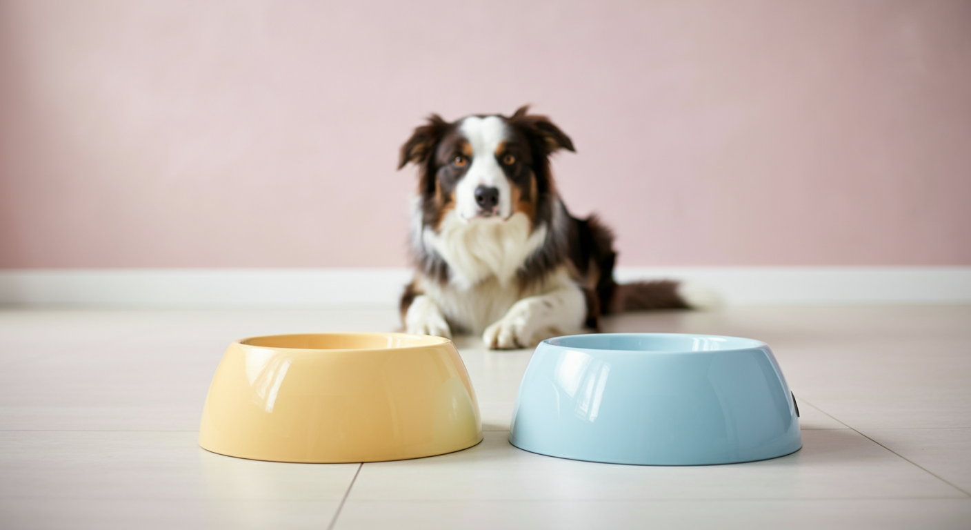 並んで置かれた黄色と青のボウルを、背景でボーダーコリーが見ている写真
