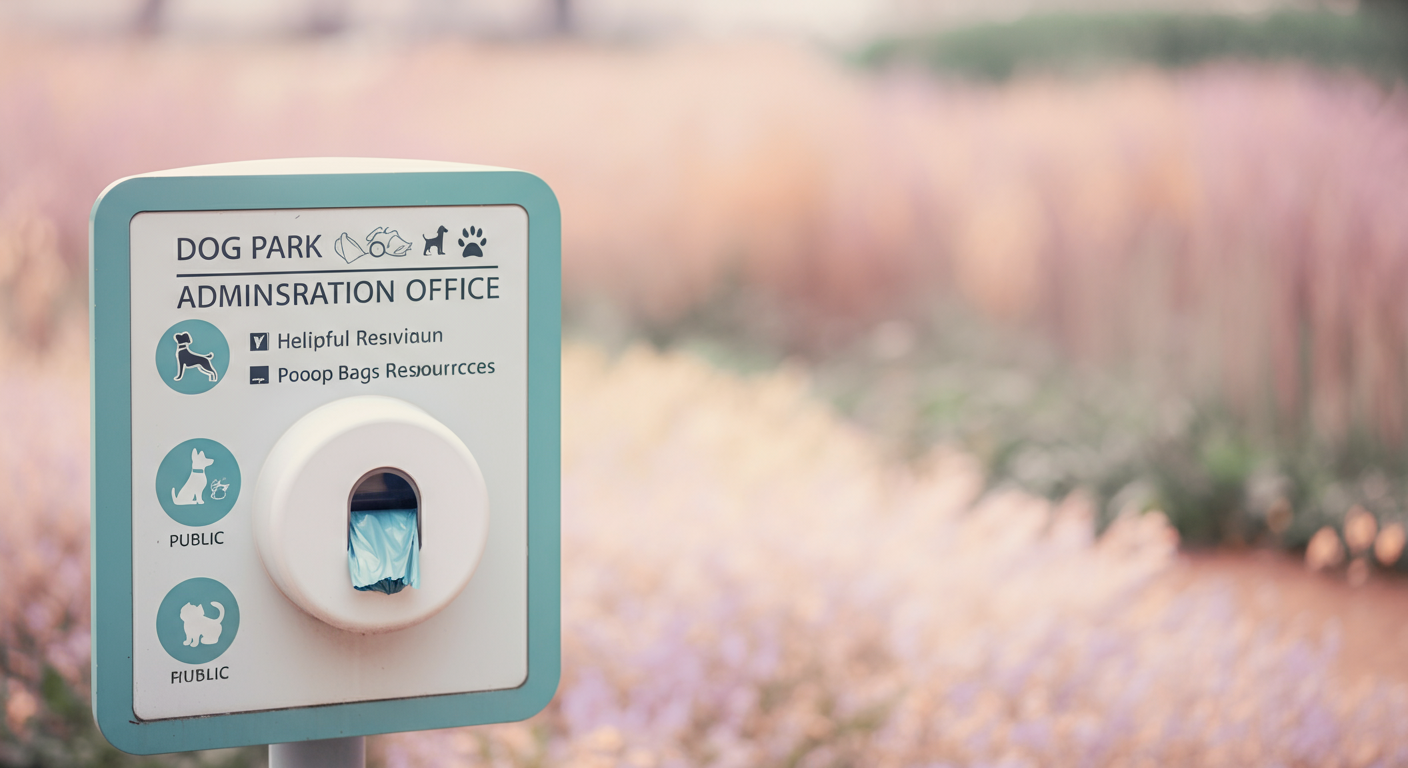 ドッグランの管理事務所、またはうんち袋ディスペンサーが設置された場所を示す、お洒落な看板。