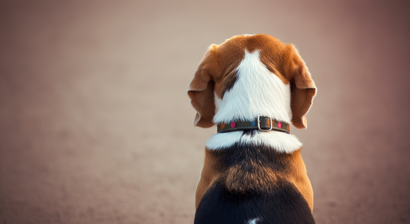 ドッグランの隅で、飼い主の足元に静かに座っている犬の後ろ姿。周囲への配慮を表現している。