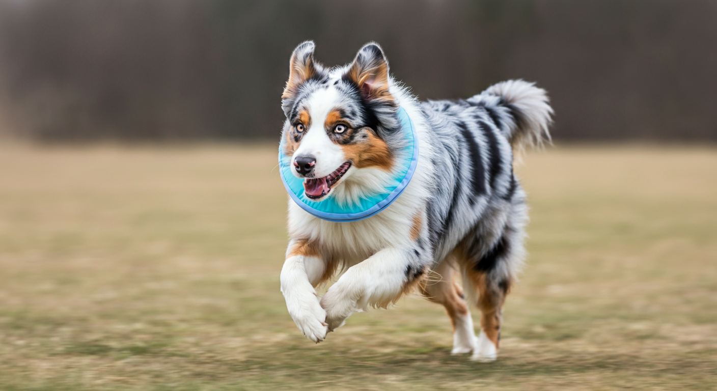 ドッグランを走るオーストラリアンシェパードの躍動感ある写真。動きの中でも首のクールリングがしっかりとフィットしている。
