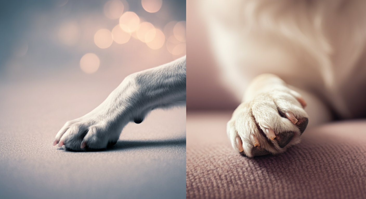 興奮して地面をかく犬の足と、リラックスして休んでいる犬の足が並べられた画像。