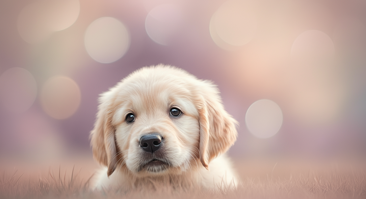 パステルカラーの柔らかな光の中で、ゴールデンレトリバーの子犬が鼻をクンクンさせている様子のクローズアップ。
