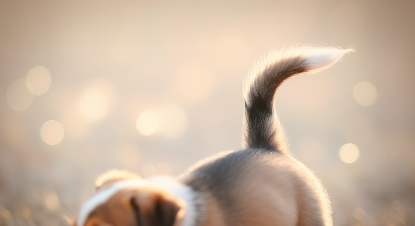 子犬が元気に振っている尻尾の動きがブレて、パステルカラーの背景に柔らかい光の筋を描いている抽象的な写真。