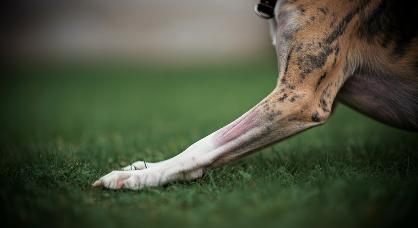緑の芝生の上で、ストレッチをしている犬の足の筋肉のクローズアップ。