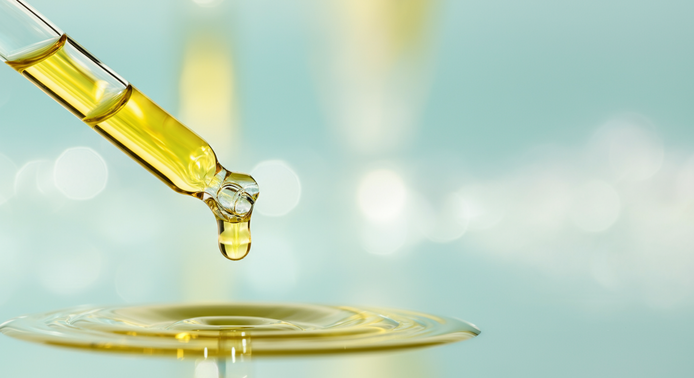 ガラスのスポイトの先端から滴り落ちる一滴のサーモンオイルの美しいマクロ写真。