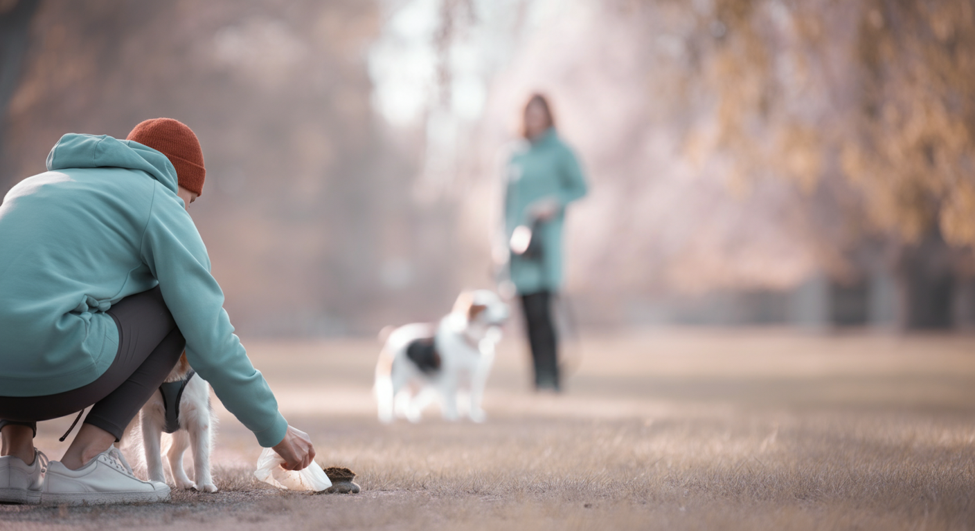 うんちを処理するために屈んでいる飼い主の背中と、背景で優しく頷いている他の飼い主の様子。
