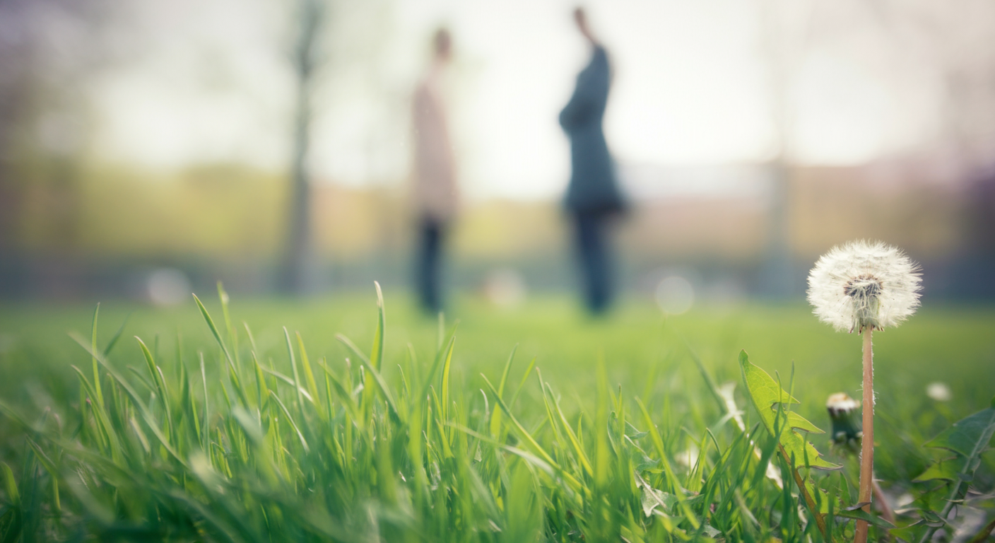 ドッグランの緑の芝生とタンポポにピントが合った写真。背景には、ぼやけた2人の飼い主が穏やかに話している様子が写っている。