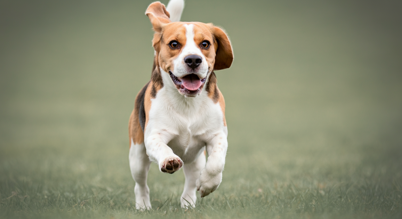 パステルカラーの野原を楽しそうに走るビーグルの写真。背景は美しくぼかされている。