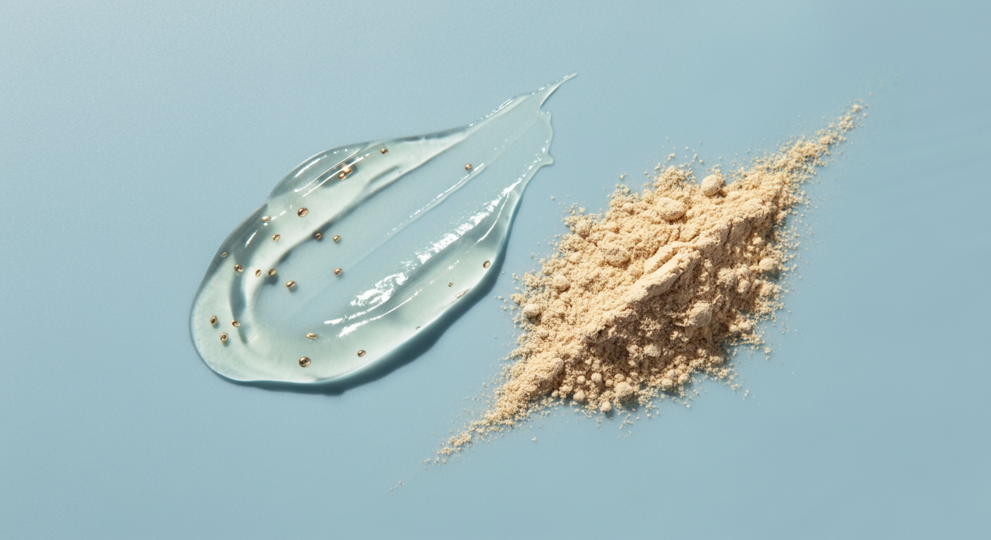 滑らかなジェル状の物質と、ざらっとした粉末状の物質が並べられた写真。水溶性食物繊維と不溶性食物繊維のバランスを表現している。