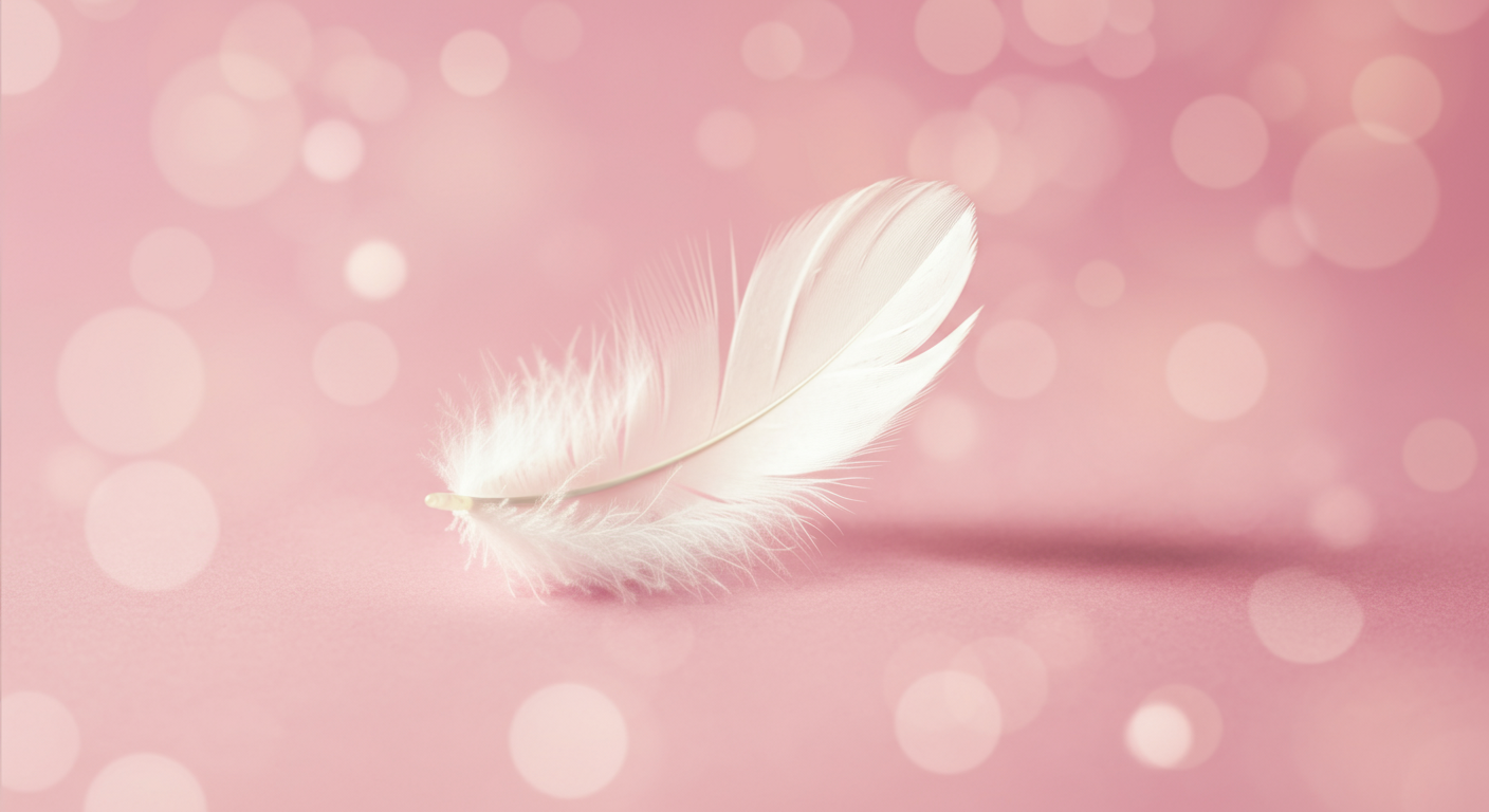 ピンク色の背景の中、一本の白い羽根が優雅に浮かんでいる。繊細さと優しさの象徴。
