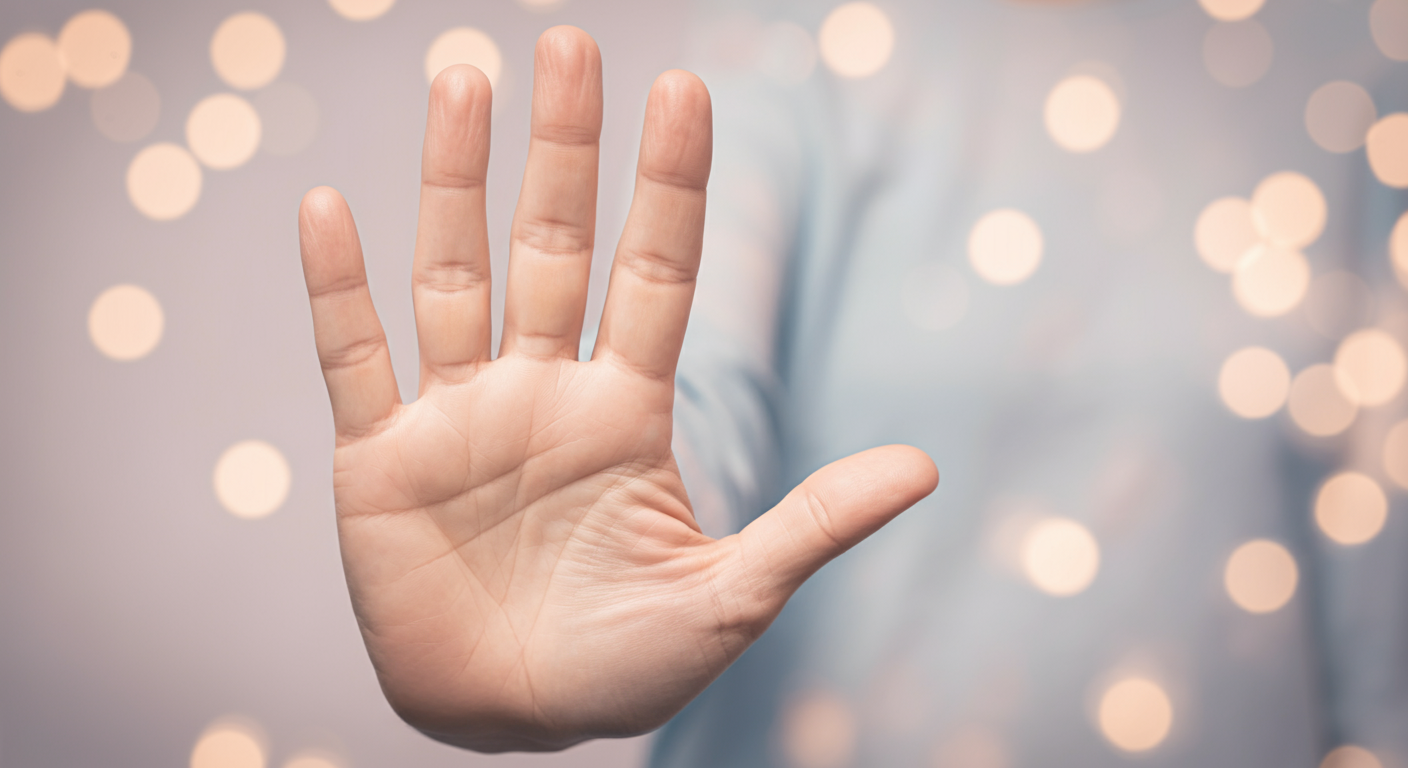 パステルカラーの背景の前で、柔らかく「ストップ」のジェスチャーをする手のひら。