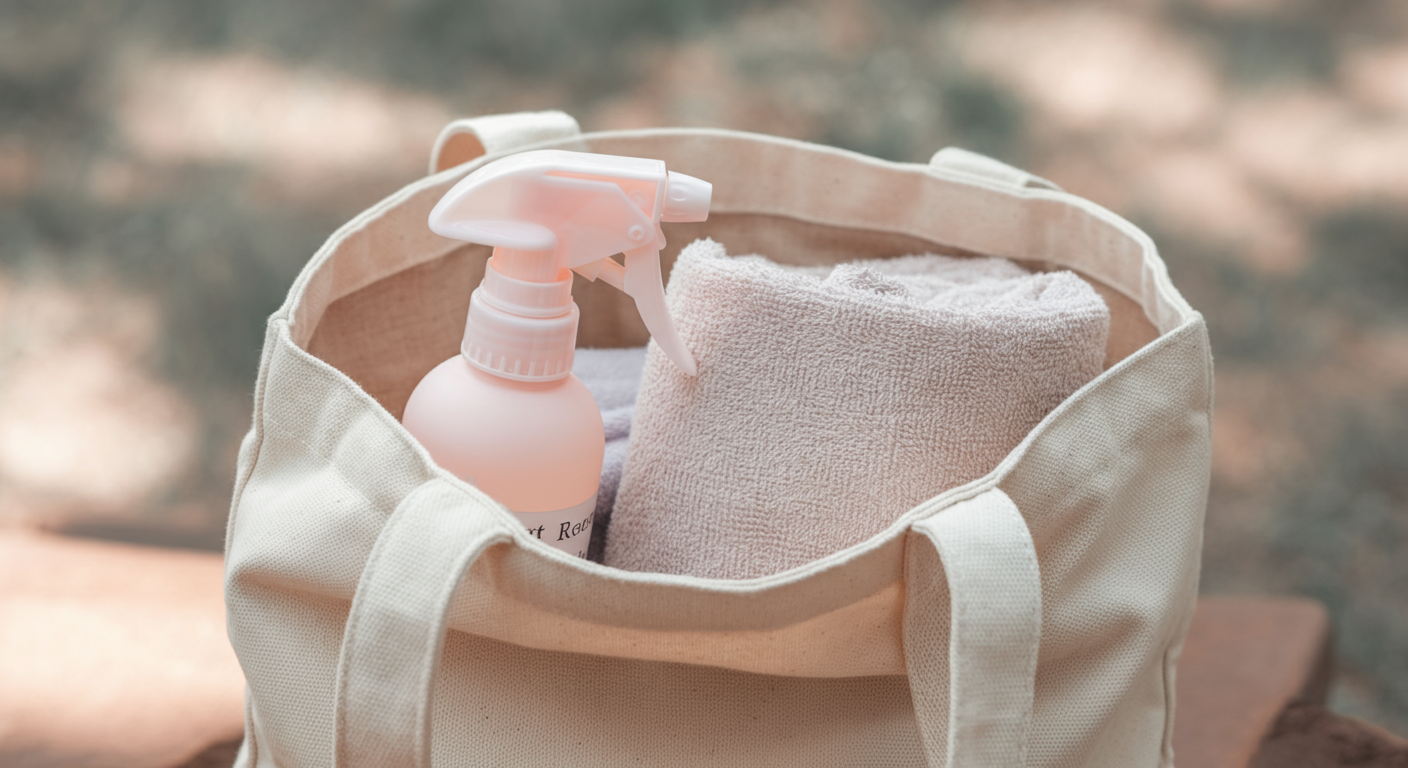 キャンバス地のトートバッグの中に、虫除けスプレーとタオルが整頓されて入っている様子。