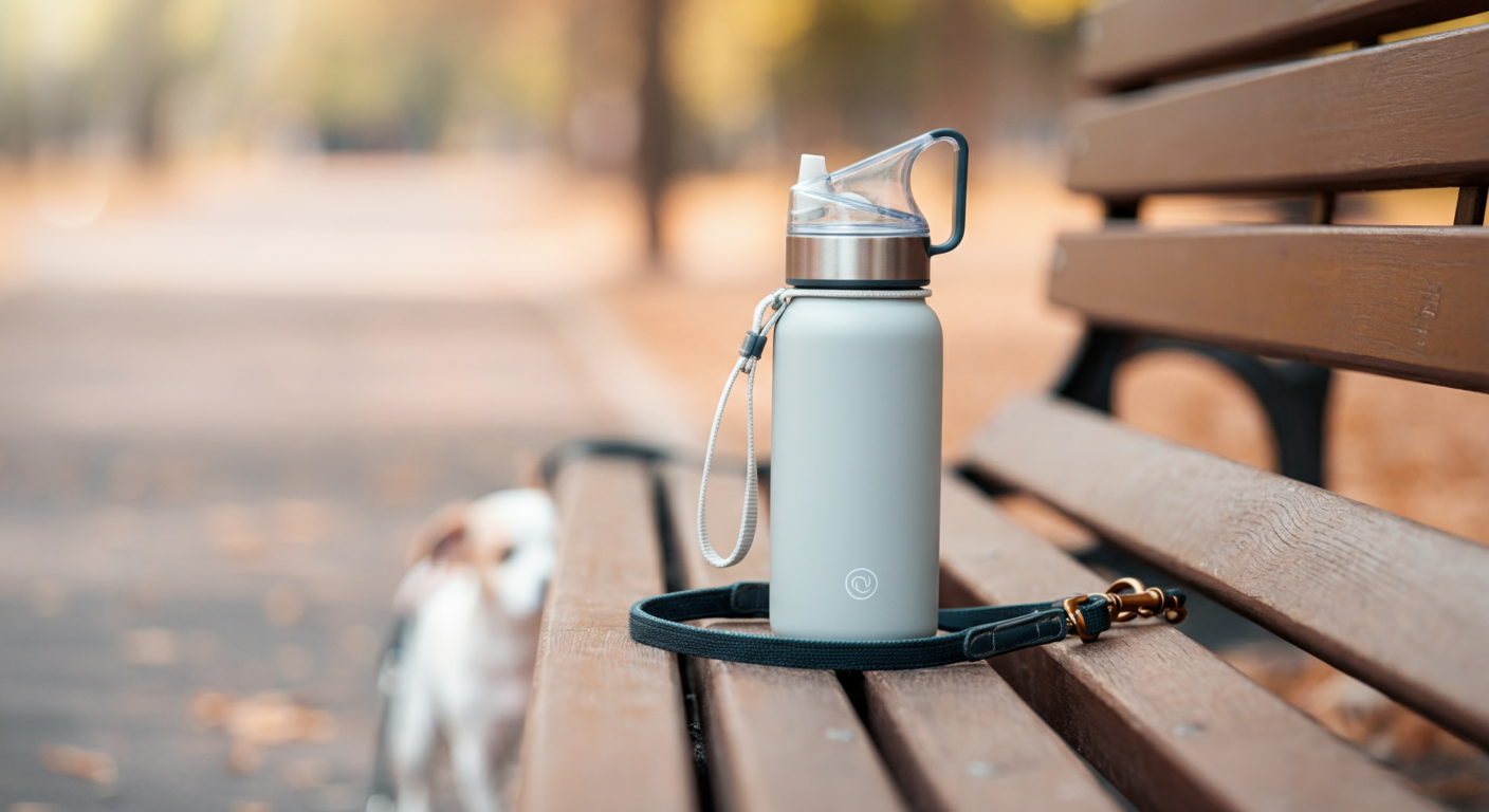 公園のベンチに置かれた、犬のリードと水をかけるための特殊なノズルが付いた水筒。
