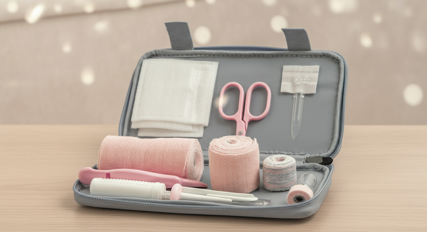 パステルカラーの背景に美しく配置された犬用の救急セット。中には包帯や消毒液が見える。