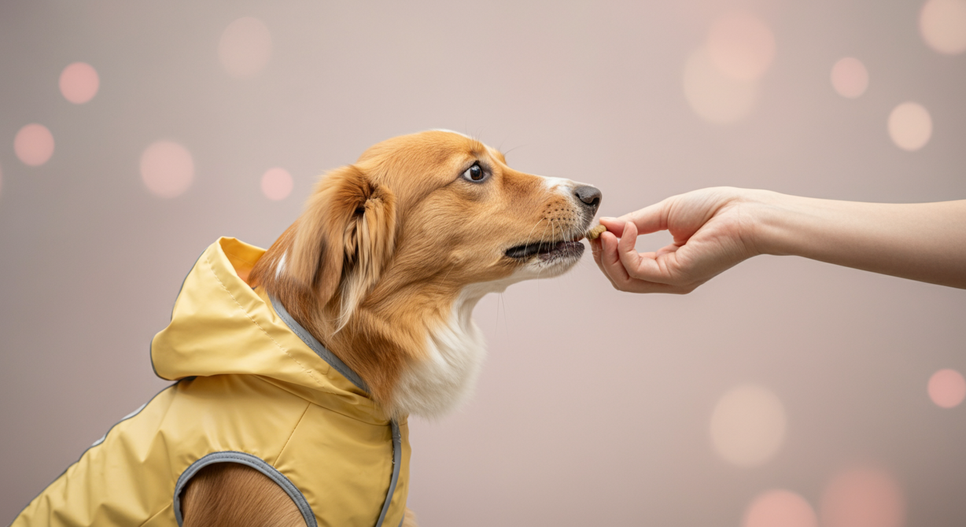 人が犬の背中に優しくレインコートを乗せながら、同時におやつをあげている様子の抽象的な写真。