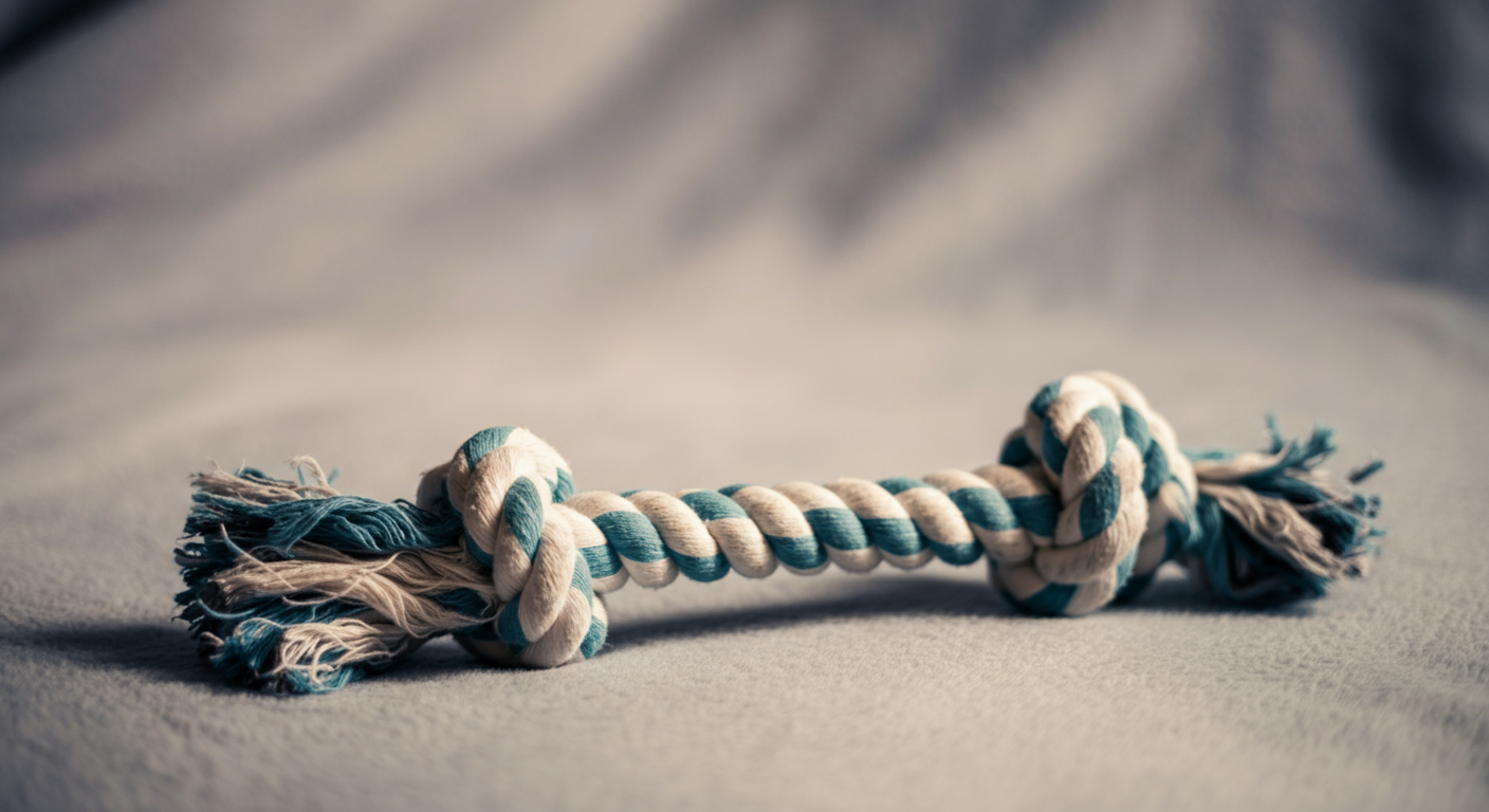 柔らかいブランケットの上に置かれた、犬のお気に入りのロープのおもちゃ。