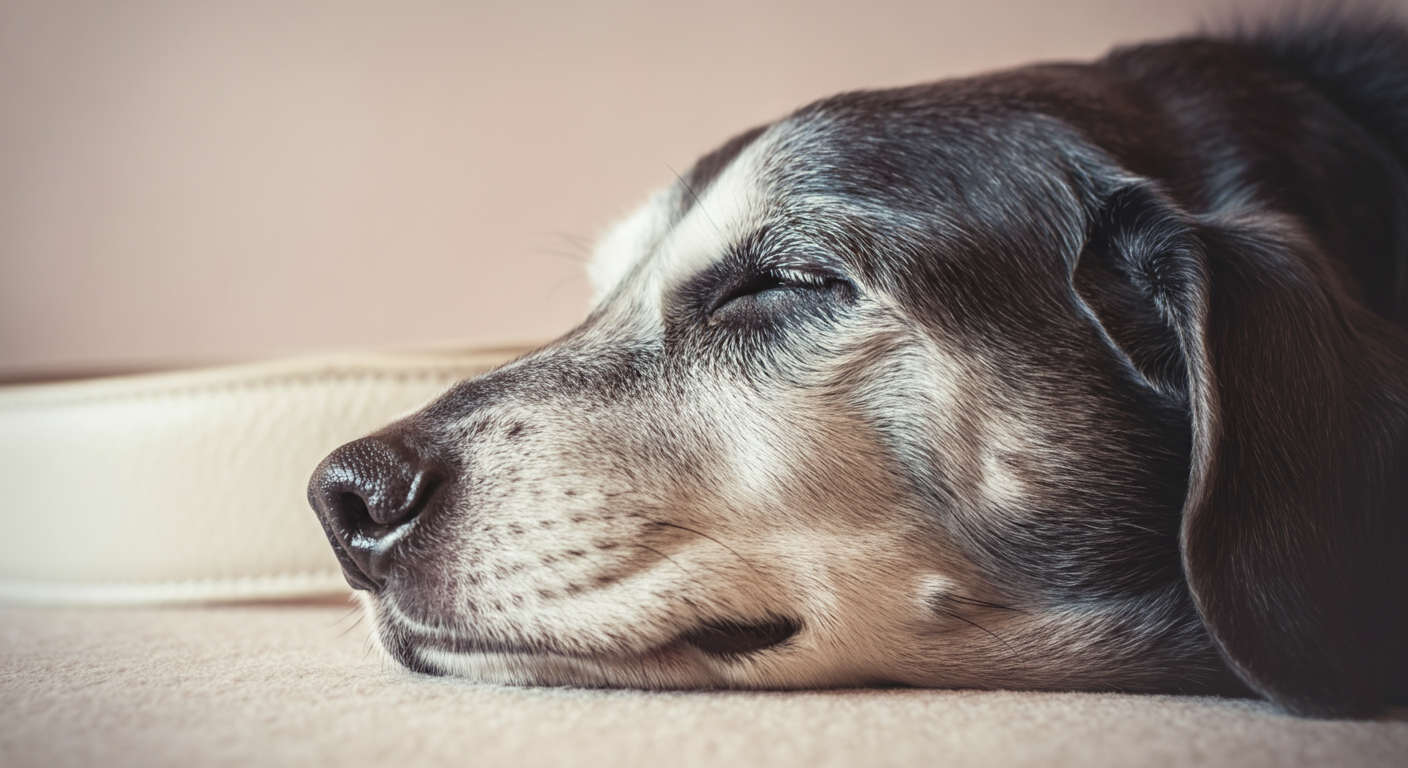 穏やかに眠っているシニア犬の、白髪混じりの口元に焦点を当てたマクロ写真。清潔な白いマナーベルトの端が少しだけ見えている。