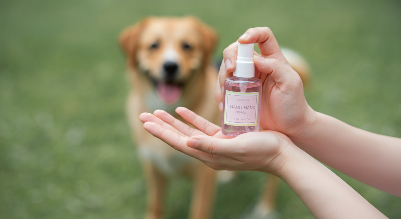 ドッグランの芝生を背景に、おしゃれな携帯用除菌ジェルのボトルを持つ手。