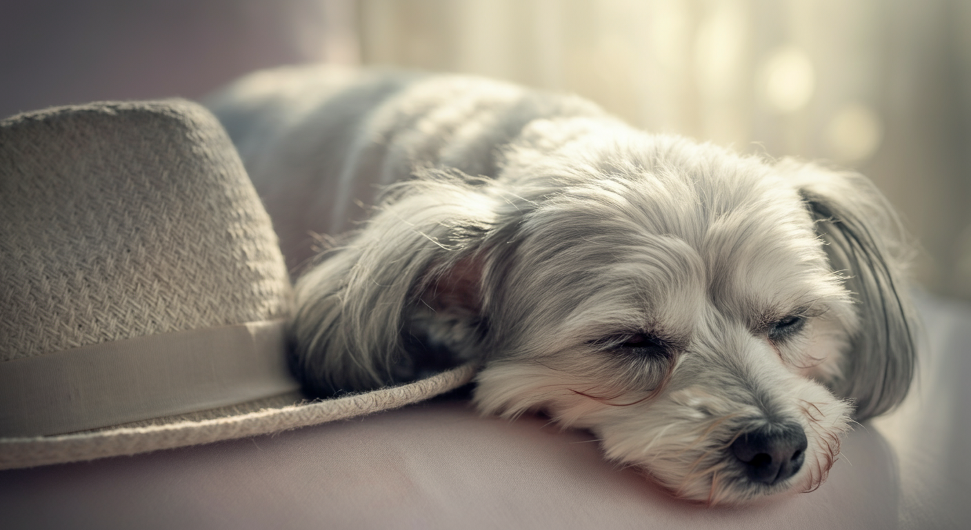 眠っているシニア犬の頭に太陽の光が優しく当たり、その横に軽い帽子が置かれている。