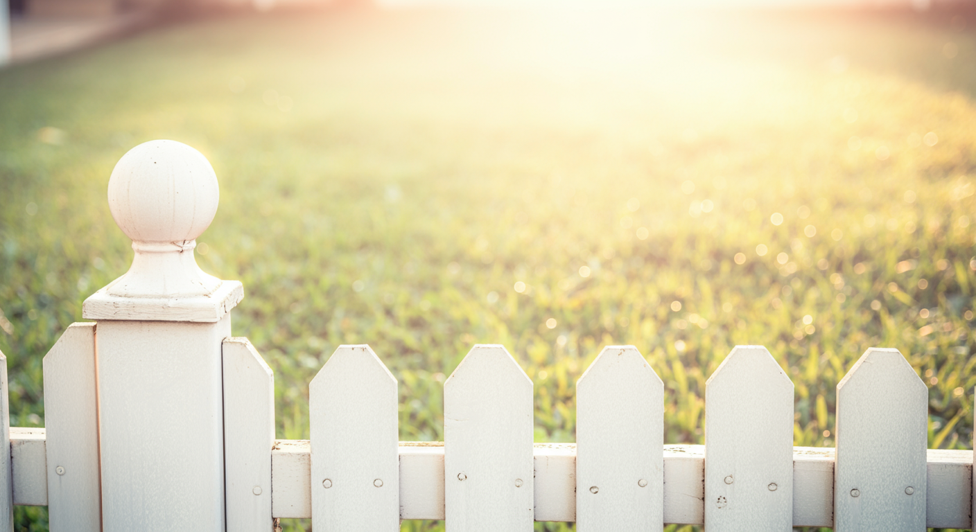 手入れの行き届いた芝生のドッグランを囲む、白い柵のコーナー部分を写した抽象的な写真。朝日が柔らかく差し込んでいる。