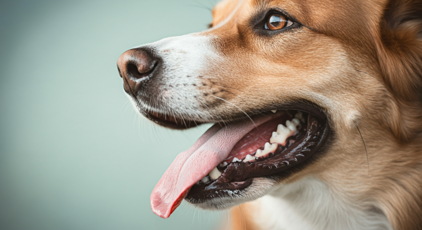 ハッハッと息を切らしている犬の口元のマクロ撮影。興奮状態を抽象的に表現している。