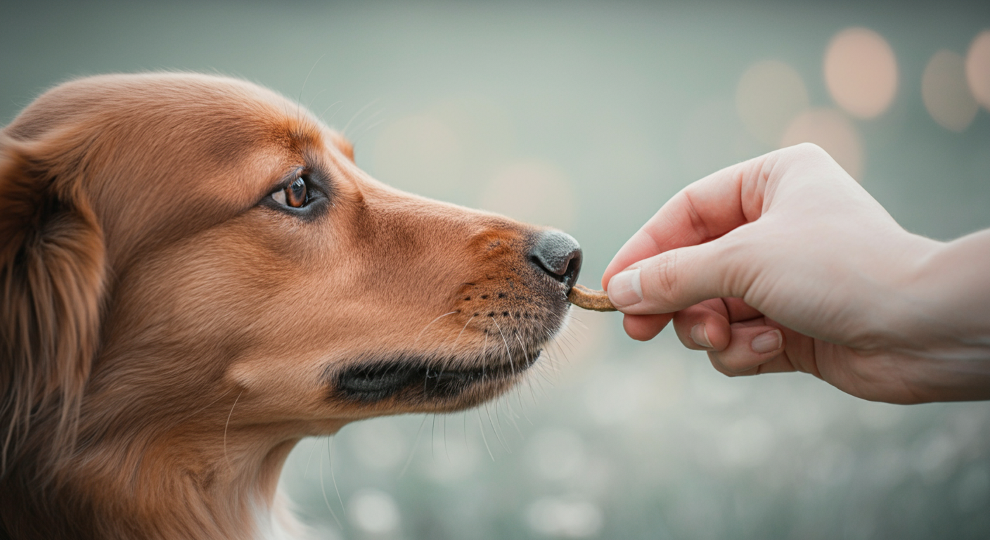 飼い主の手から優しくおやつをもらう犬の鼻先のクローズアップ
