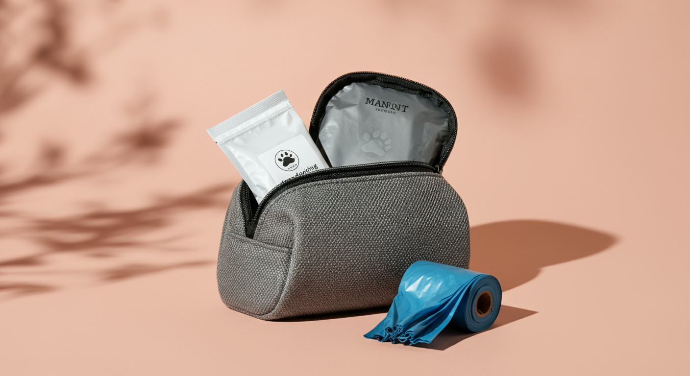 開いたマナーポーチの中。ウンチ袋のロールと一緒に、小さな消臭サシェが入っている様子。