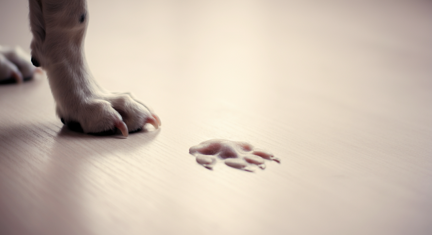 床にくっきりと残された犬の肉球の跡のアップ。