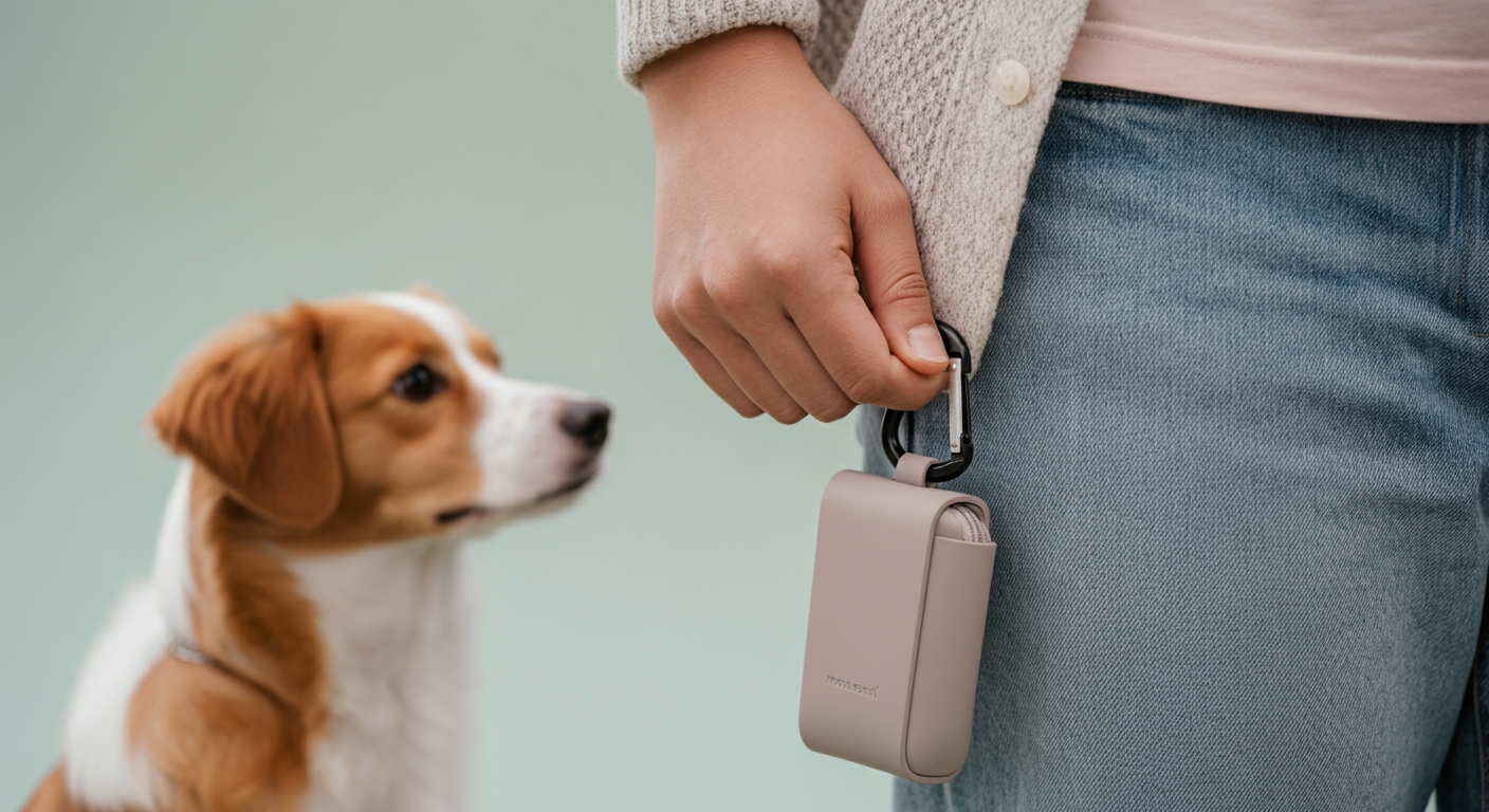 ズボンのベルトループにカラビナでマナーポーチを取り付けている手元のアップ写真。スタイリッシュで実用的な様子が伝わる。